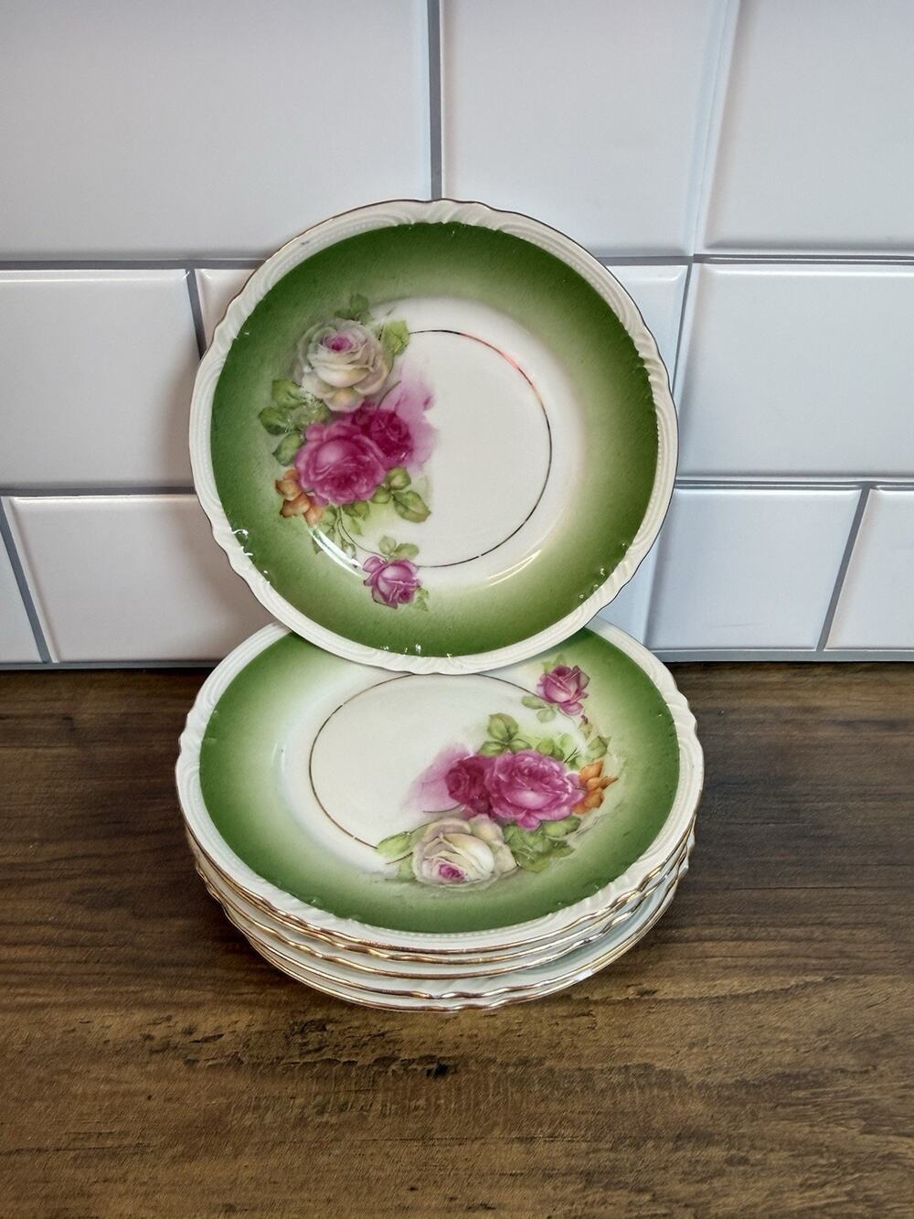 Antique Eagle China Austria 6.25" Bread Plates Set/6 Vintage Hand Painted Rose